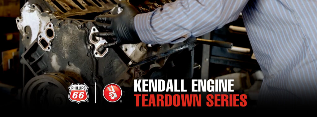 Image of someone working on an engine with a title that says "Kendall Engine Teardown Series"