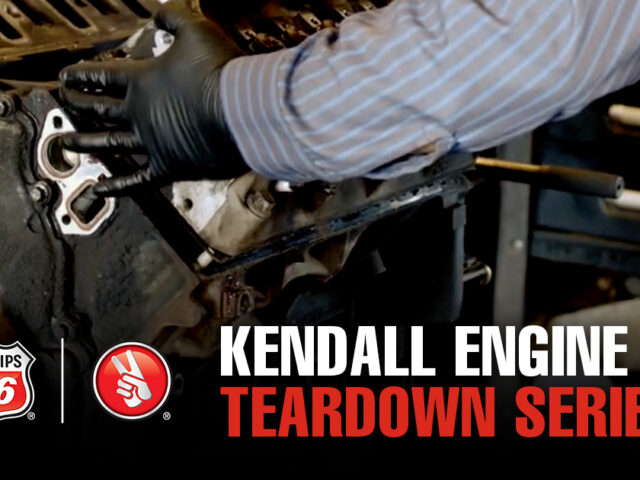 Image of someone working on an engine with a title that says "Kendall Engine Teardown Series"